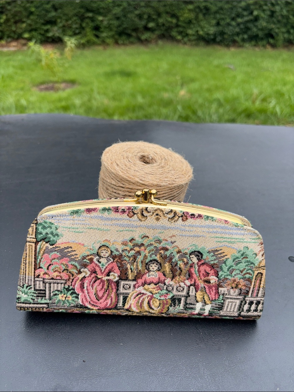 Vintage Tapestry Clutch wallet featuring a classic 18Th-Century Courting Scene